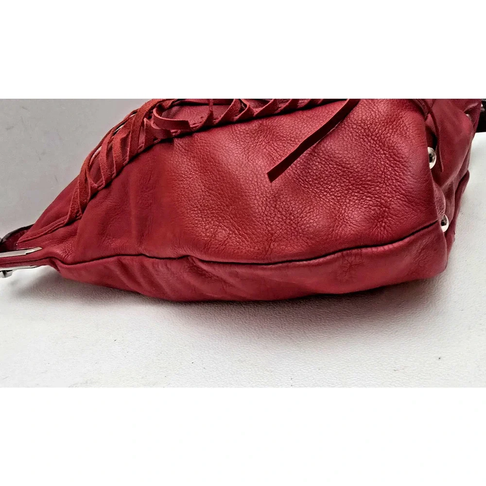 B. Makowsky Red Hobo Handbag Fringe Genuine Leather Pebbled Large